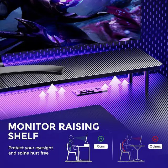 Alt view image 6 of 7 - GTRACING Gaming Desk with LED Lights, 55 Inch Large Computer Gamer Desk with Monitor Stand & Power Outlet, Ergonomic Carbon Fiber Surface Gaming Table with Mouse Pad for Home Office, Carbon Black