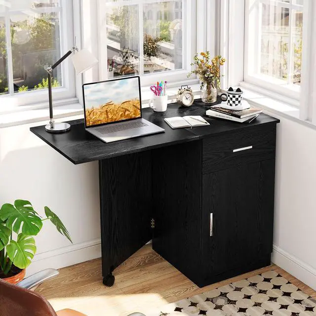 Alt view image 2 of 7 - Tangkula Folding Computer Desk with Storage Drawer & Cabinet, Compact Home Office Desk with Adjustable Shelf, Space-Saving Foldable Side Table for Bedroom, Office, Study (Black)