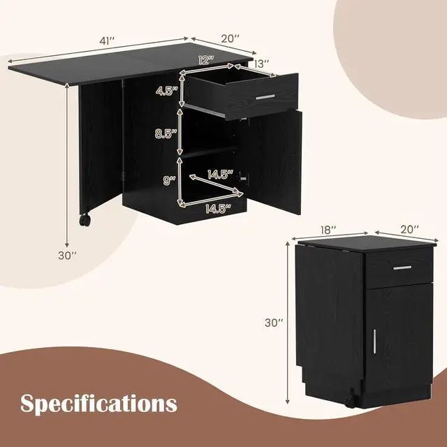 Alt view image 3 of 7 - Tangkula Folding Computer Desk with Storage Drawer & Cabinet, Compact Home Office Desk with Adjustable Shelf, Space-Saving Foldable Side Table for Bedroom, Office, Study (Black)