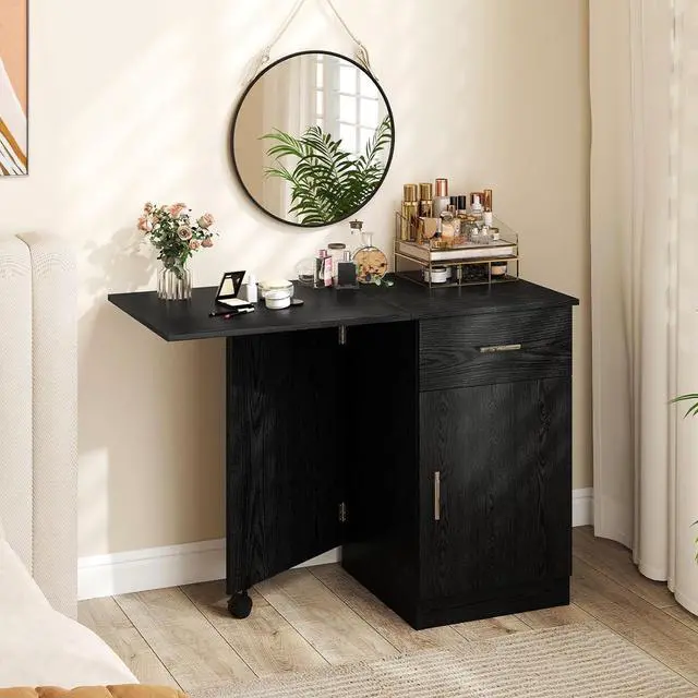 Alt view image 4 of 7 - Tangkula Folding Computer Desk with Storage Drawer & Cabinet, Compact Home Office Desk with Adjustable Shelf, Space-Saving Foldable Side Table for Bedroom, Office, Study (Black)