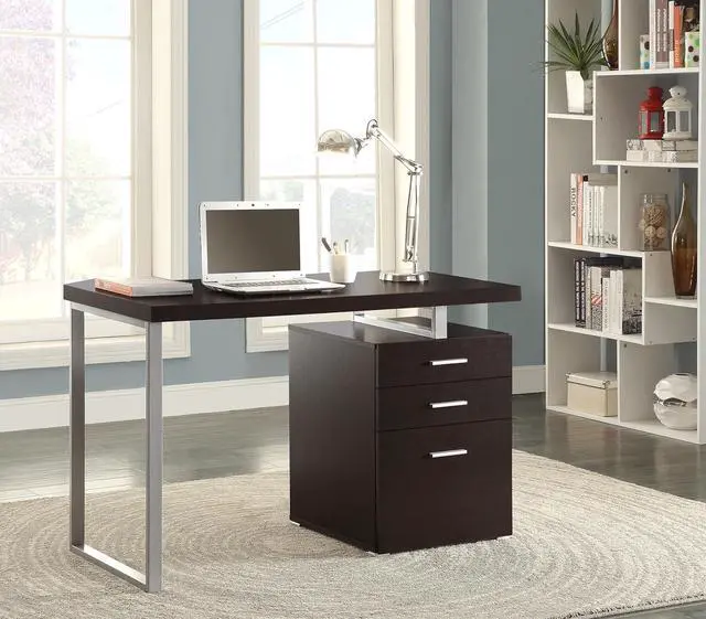 Alt view image 2 of 7 - Coaster Home Furnishings Brennan Modern Contemporary Home Office 3-Drawer Writing Desk with Drawers Computer Desk Study Table File Cabinet Storage Silver Metal Frame Cappuccino Brown 800519