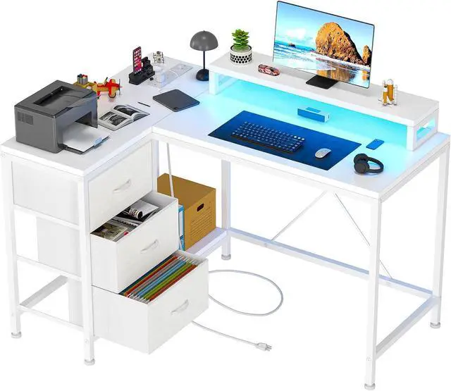 Main image of L Shaped Desk with Power Outlets & LED Lights, Computer Desk with Drawers & Shelves, Corner Desk Gaming Desk Home Office Desk, White