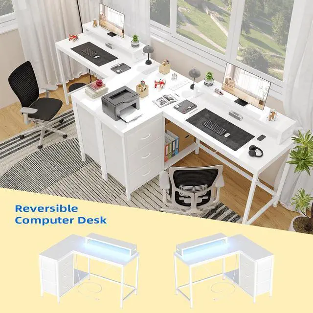 Alt view image 4 of 7 - L Shaped Desk with Power Outlets & LED Lights, Computer Desk with Drawers & Shelves, Corner Desk Gaming Desk Home Office Desk, White