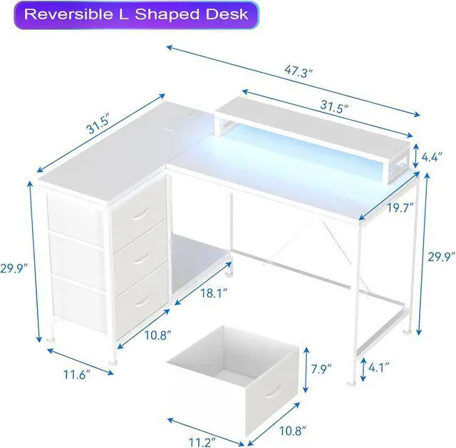 Alt view image 3 of 7 - L Shaped Desk with Power Outlets & LED Lights, Computer Desk with Drawers & Shelves, Corner Desk Gaming Desk Home Office Desk, White