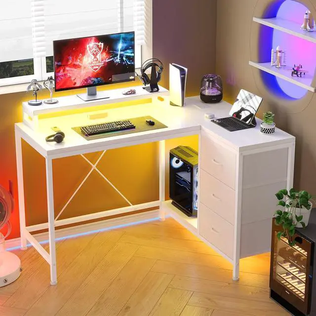 Alt view image 7 of 7 - L Shaped Desk with Power Outlets & LED Lights, Computer Desk with Drawers & Shelves, Corner Desk Gaming Desk Home Office Desk, White