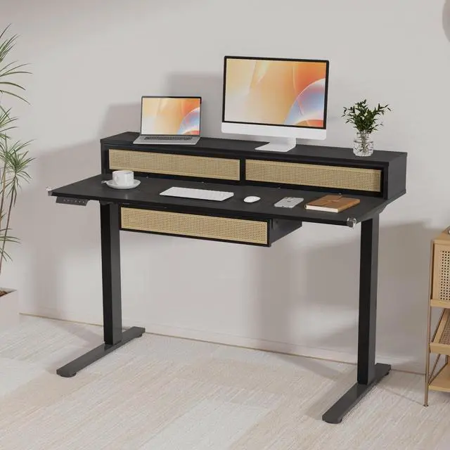 Alt view image 2 of 7 - FLEXISPOT One-Piece Standing Desk with Rattan Drawers, 48 x 24 Inch Adjustable Height, Electric Stand Up Table with Monitor Shelf, Home Office Ergonomic Computer Desk with Memory Presets, Black