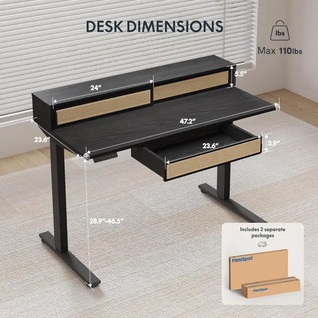 Alt view image 3 of 7 - FLEXISPOT One-Piece Standing Desk with Rattan Drawers, 48 x 24 Inch Adjustable Height, Electric Stand Up Table with Monitor Shelf, Home Office Ergonomic Computer Desk with Memory Presets, Black