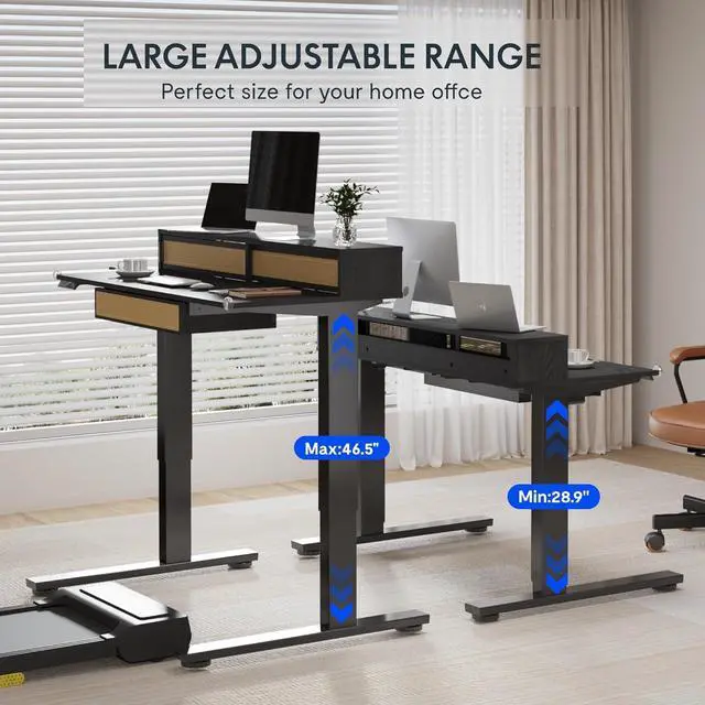Alt view image 4 of 7 - FLEXISPOT One-Piece Standing Desk with Rattan Drawers, 48 x 24 Inch Adjustable Height, Electric Stand Up Table with Monitor Shelf, Home Office Ergonomic Computer Desk with Memory Presets, Black