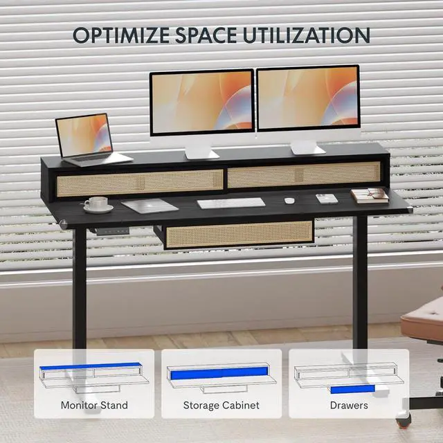Alt view image 6 of 7 - FLEXISPOT One-Piece Standing Desk with Rattan Drawers, 48 x 24 Inch Adjustable Height, Electric Stand Up Table with Monitor Shelf, Home Office Ergonomic Computer Desk with Memory Presets, Black