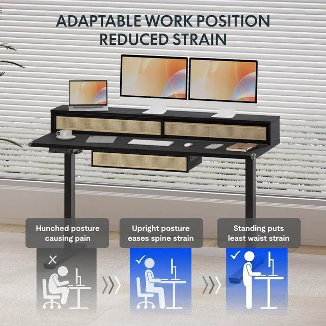 Alt view image 7 of 7 - FLEXISPOT One-Piece Standing Desk with Rattan Drawers, 48 x 24 Inch Adjustable Height, Electric Stand Up Table with Monitor Shelf, Home Office Ergonomic Computer Desk with Memory Presets, Black