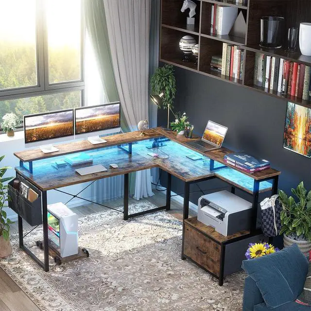 Alt view image 2 of 7 - L Shaped Desk with Power Outlet and LED Strip, Reversible L Shaped Computer Desk with File Drawer, Corner Desk for Gaming Writing, Home Office Desk with Monitor Shelf, Rustic Brown, 53*46.9