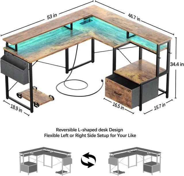 Alt view image 3 of 7 - L Shaped Desk with Power Outlet and LED Strip, Reversible L Shaped Computer Desk with File Drawer, Corner Desk for Gaming Writing, Home Office Desk with Monitor Shelf, Rustic Brown, 53*46.9