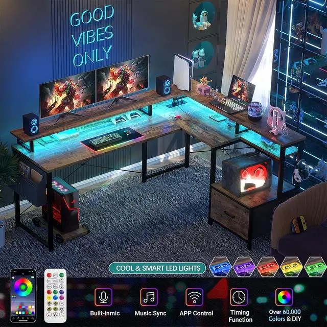 Alt view image 4 of 7 - L Shaped Desk with Power Outlet and LED Strip, Reversible L Shaped Computer Desk with File Drawer, Corner Desk for Gaming Writing, Home Office Desk with Monitor Shelf, Rustic Brown, 53*46.9
