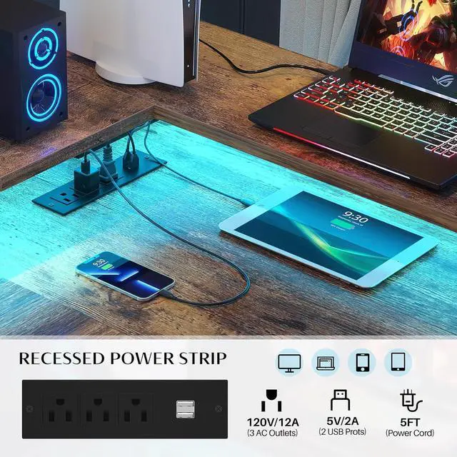 Alt view image 5 of 7 - L Shaped Desk with Power Outlet and LED Strip, Reversible L Shaped Computer Desk with File Drawer, Corner Desk for Gaming Writing, Home Office Desk with Monitor Shelf, Rustic Brown, 53*46.9