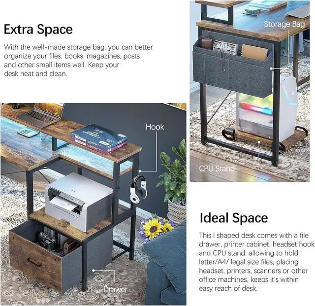 Alt view image 6 of 7 - L Shaped Desk with Power Outlet and LED Strip, Reversible L Shaped Computer Desk with File Drawer, Corner Desk for Gaming Writing, Home Office Desk with Monitor Shelf, Rustic Brown, 53*46.9