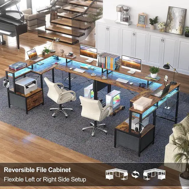 Alt view image 7 of 7 - L Shaped Desk with Power Outlet and LED Strip, Reversible L Shaped Computer Desk with File Drawer, Corner Desk for Gaming Writing, Home Office Desk with Monitor Shelf, Rustic Brown, 53*46.9