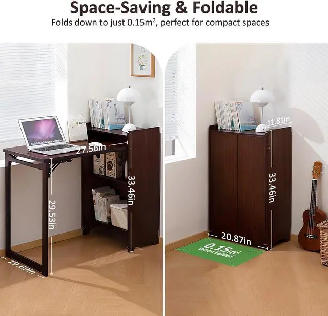 Alt view image 3 of 7 - Bamboo Folding Desk for Small Space Mid Century Foldable Computer Desk with Storage Space for Home Office Bedroom, Brown