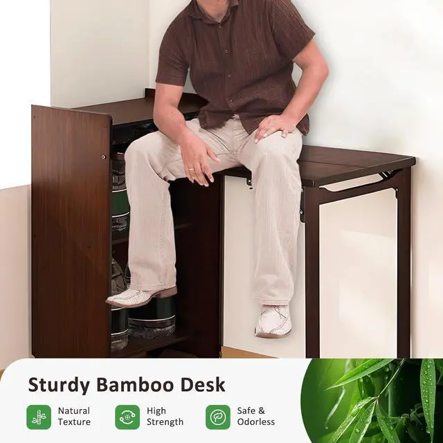 Alt view image 6 of 7 - Bamboo Folding Desk for Small Space Mid Century Foldable Computer Desk with Storage Space for Home Office Bedroom, Brown