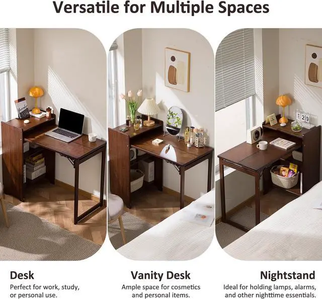 Alt view image 7 of 7 - Bamboo Folding Desk for Small Space Mid Century Foldable Computer Desk with Storage Space for Home Office Bedroom, Brown