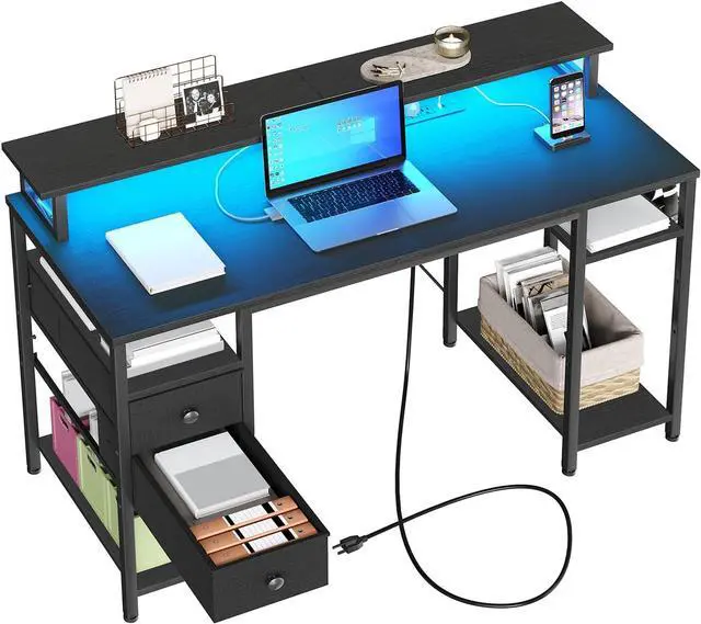 Main image of HOOBRO 47 inch Gaming Desk with LED Lights & Power Outlets, Computer Desk with Monitor Stand and Drawers, Gaming Table with Storage Shelves for Home Office, Study, Working, Black BB47UDDN01