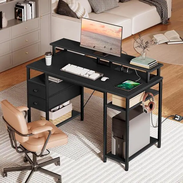 Alt view image 2 of 7 - HOOBRO 47 inch Gaming Desk with LED Lights & Power Outlets, Computer Desk with Monitor Stand and Drawers, Gaming Table with Storage Shelves for Home Office, Study, Working, Black BB47UDDN01