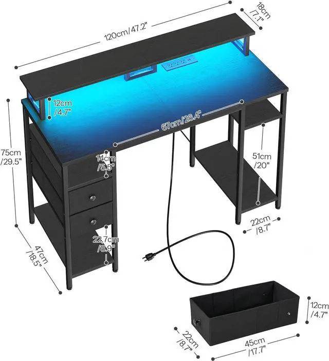Alt view image 3 of 7 - HOOBRO 47 inch Gaming Desk with LED Lights & Power Outlets, Computer Desk with Monitor Stand and Drawers, Gaming Table with Storage Shelves for Home Office, Study, Working, Black BB47UDDN01
