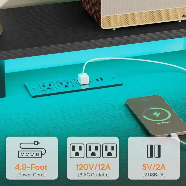 Alt view image 5 of 7 - HOOBRO 47 inch Gaming Desk with LED Lights & Power Outlets, Computer Desk with Monitor Stand and Drawers, Gaming Table with Storage Shelves for Home Office, Study, Working, Black BB47UDDN01