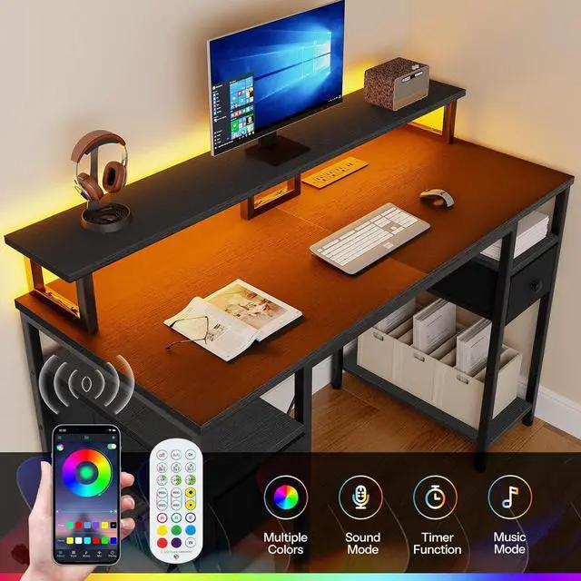 Alt view image 4 of 7 - HOOBRO 47 inch Gaming Desk with LED Lights & Power Outlets, Computer Desk with Monitor Stand and Drawers, Gaming Table with Storage Shelves for Home Office, Study, Working, Black BB47UDDN01