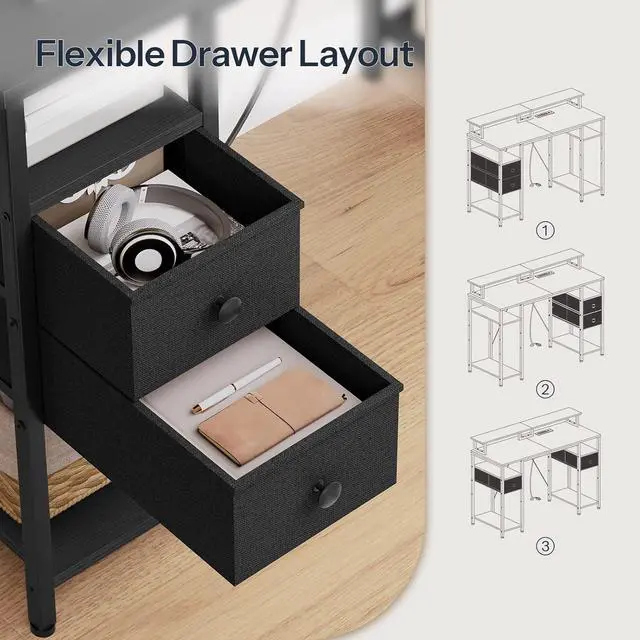 Alt view image 6 of 7 - HOOBRO 47 inch Gaming Desk with LED Lights & Power Outlets, Computer Desk with Monitor Stand and Drawers, Gaming Table with Storage Shelves for Home Office, Study, Working, Black BB47UDDN01