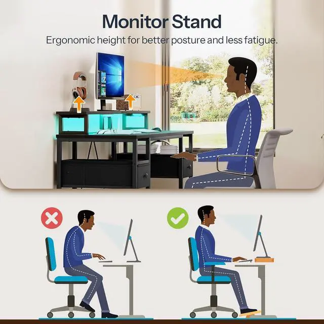 Alt view image 7 of 7 - HOOBRO 47 inch Gaming Desk with LED Lights & Power Outlets, Computer Desk with Monitor Stand and Drawers, Gaming Table with Storage Shelves for Home Office, Study, Working, Black BB47UDDN01