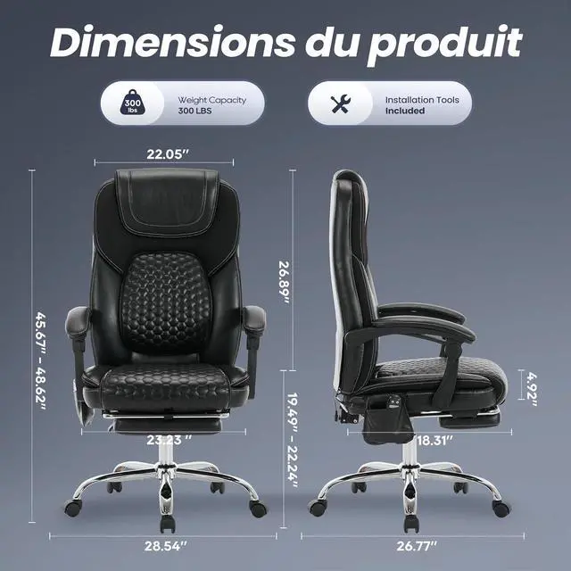 Alt view image 3 of 7 - 2-Pack Massage Office Chair with Heat and Footrest, Ergonomic Reclining Leather Executive Computer Desk Chair with Wheels, Big and Tall Adjustable Chair for Home Office and Gaming, 300 lbs Support