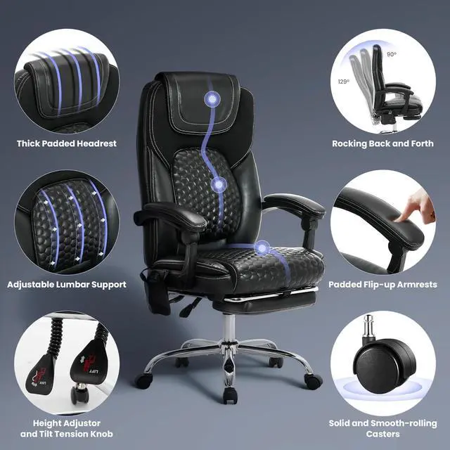 Alt view image 4 of 7 - 2-Pack Massage Office Chair with Heat and Footrest, Ergonomic Reclining Leather Executive Computer Desk Chair with Wheels, Big and Tall Adjustable Chair for Home Office and Gaming, 300 lbs Support