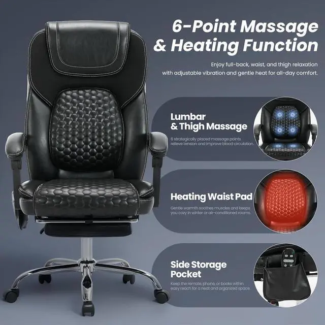 Alt view image 5 of 7 - 2-Pack Massage Office Chair with Heat and Footrest, Ergonomic Reclining Leather Executive Computer Desk Chair with Wheels, Big and Tall Adjustable Chair for Home Office and Gaming, 300 lbs Support
