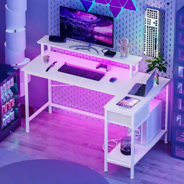 Alt view image 2 of 7 - Fixwal Gaming Desk for Bedroom L Shaped Small Corner Computer Desk with Power Outlets and LED Lights, PC Desk, Home Office Desks with Drawer, Writing Desk Study Desk, White