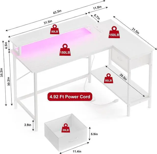 Alt view image 3 of 7 - Fixwal Gaming Desk for Bedroom L Shaped Small Corner Computer Desk with Power Outlets and LED Lights, PC Desk, Home Office Desks with Drawer, Writing Desk Study Desk, White