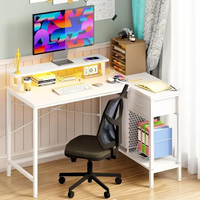 Alt view image 4 of 7 - Fixwal Gaming Desk for Bedroom L Shaped Small Corner Computer Desk with Power Outlets and LED Lights, PC Desk, Home Office Desks with Drawer, Writing Desk Study Desk, White