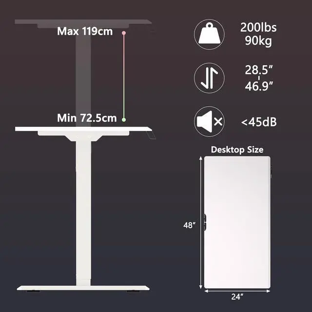 Alt view image 3 of 7 - Electric Height Adjustable Desk 48x24 inches (White Frame +White Top) Ultra Quiet (<55dB) Weight Capacity 132 lbs 2-Level Memory Height Adiustable Desk