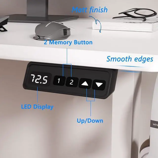 Alt view image 5 of 7 - Electric Height Adjustable Desk 48x24 inches (White Frame +White Top) Ultra Quiet (<55dB) Weight Capacity 132 lbs 2-Level Memory Height Adiustable Desk