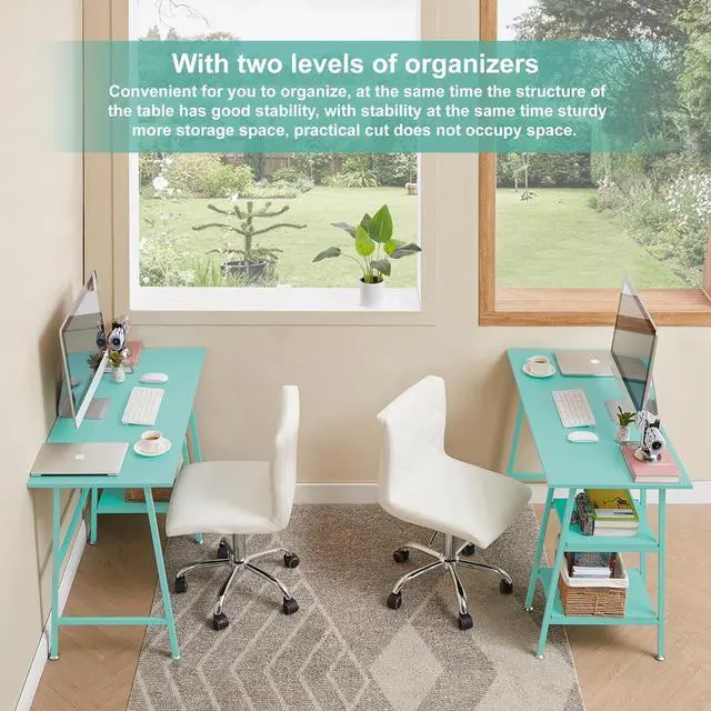 Alt view image 5 of 7 - VECELO 43.1 Inch Computer Desk Home Office Blue Study Desk Work Office Table with Shelves Wooden Desk for Bedroom 2 Set