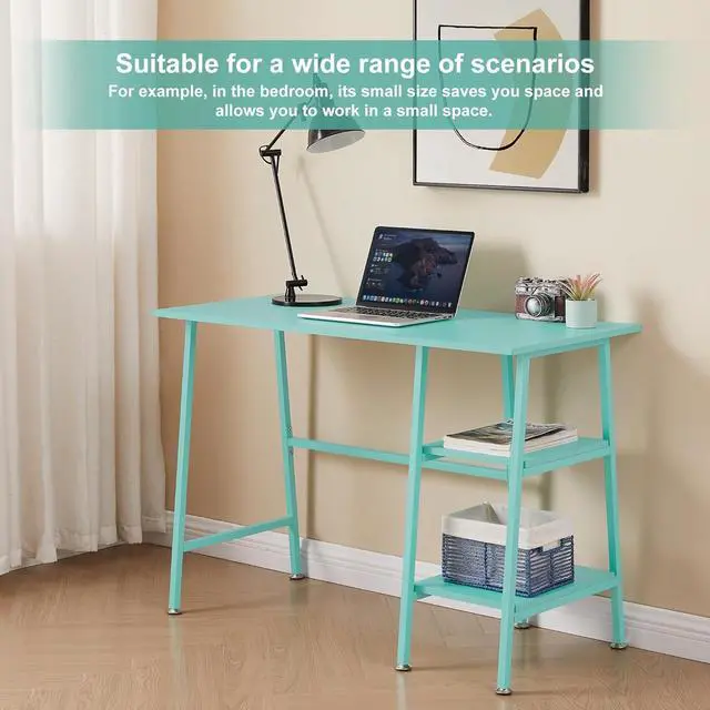 Alt view image 4 of 7 - VECELO 43.1 Inch Computer Desk Home Office Blue Study Desk Work Office Table with Shelves Wooden Desk for Bedroom 2 Set
