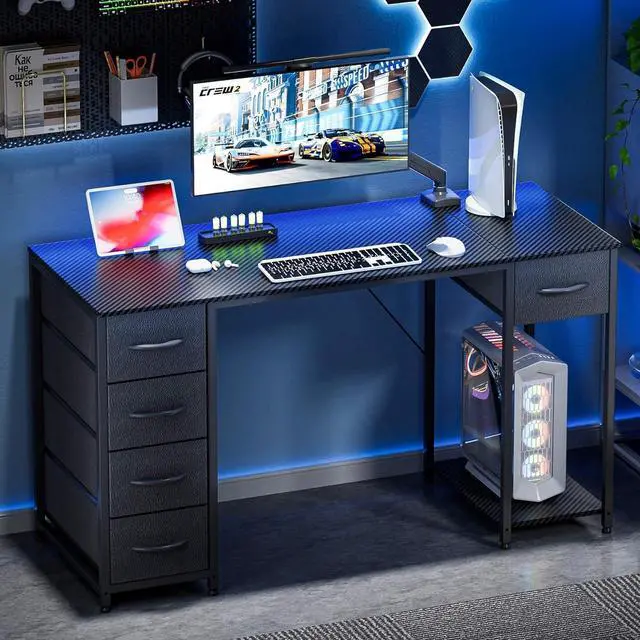 Alt view image 2 of 7 - Computer Desk with 5 Fabric Drawers, 47 Inch Home Office Desk with Storage Shelves, Gaming Writing Work Study Table for Bedroom, Living Room, Black