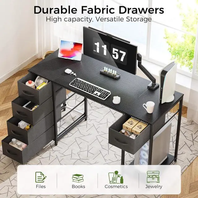 Alt view image 4 of 7 - Computer Desk with 5 Fabric Drawers, 47 Inch Home Office Desk with Storage Shelves, Gaming Writing Work Study Table for Bedroom, Living Room, Black