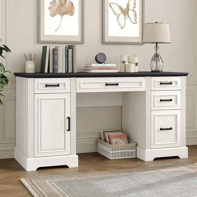Main image of Furniouse 58" Executive Desk, Farmhouse Computer Desk with Drawers and Cabinet with Charging Station, Wooden Home Office Desk, Workspace for Work & Writing, Black Tabletop