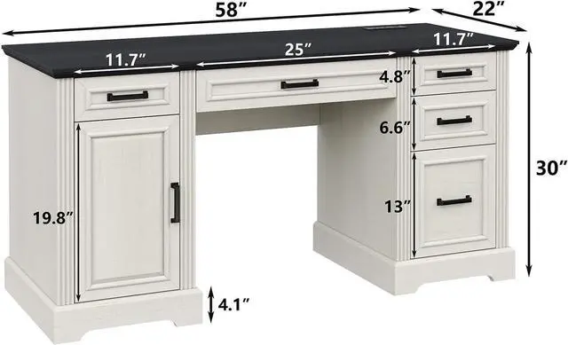 Alt view image 2 of 7 - Furniouse 58" Executive Desk, Farmhouse Computer Desk with Drawers and Cabinet with Charging Station, Wooden Home Office Desk, Workspace for Work & Writing, Black Tabletop