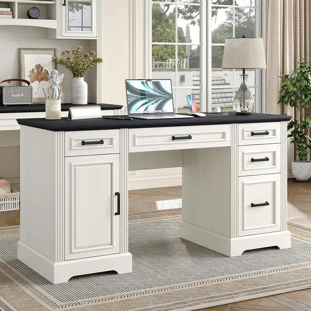 Alt view image 3 of 7 - Furniouse 58" Executive Desk, Farmhouse Computer Desk with Drawers and Cabinet with Charging Station, Wooden Home Office Desk, Workspace for Work & Writing, Black Tabletop