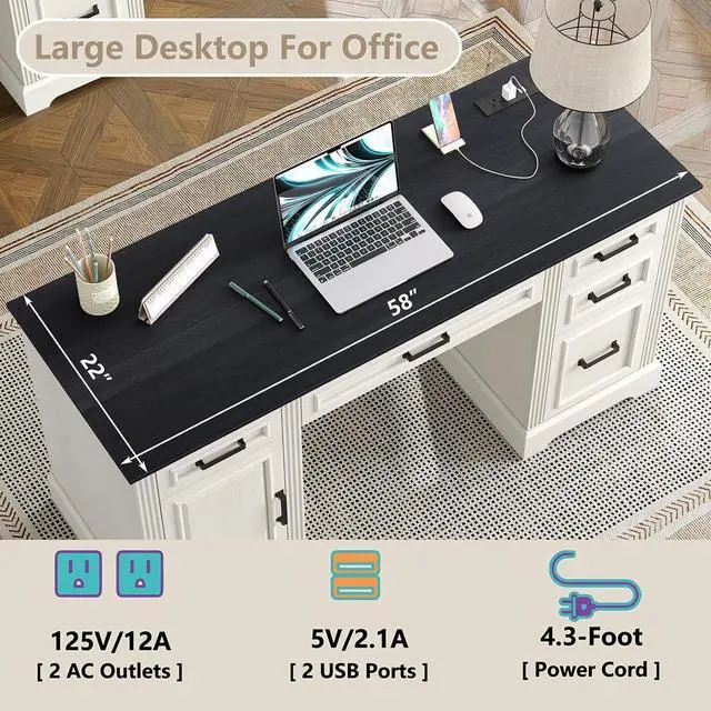 Alt view image 4 of 7 - Furniouse 58" Executive Desk, Farmhouse Computer Desk with Drawers and Cabinet with Charging Station, Wooden Home Office Desk, Workspace for Work & Writing, Black Tabletop