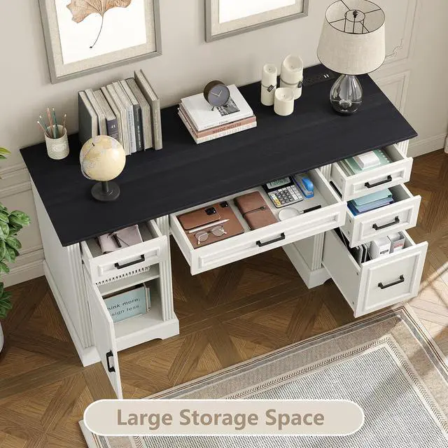 Alt view image 5 of 7 - Furniouse 58" Executive Desk, Farmhouse Computer Desk with Drawers and Cabinet with Charging Station, Wooden Home Office Desk, Workspace for Work & Writing, Black Tabletop