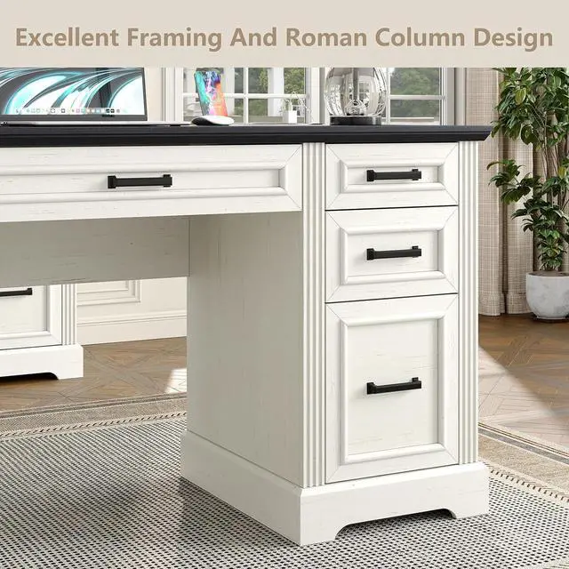 Alt view image 7 of 7 - Furniouse 58" Executive Desk, Farmhouse Computer Desk with Drawers and Cabinet with Charging Station, Wooden Home Office Desk, Workspace for Work & Writing, Black Tabletop