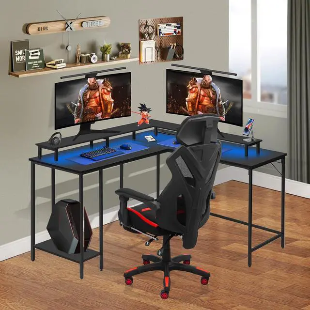 Alt view image 2 of 7 - Panana 53.5" L Shaped Computer Desk Gaming Desk with LED Lights and Power Outlets, Reversible L Shaped Corner Desk with Monitor Stand, Home Office Desk with Shelf and USB Port (Black)