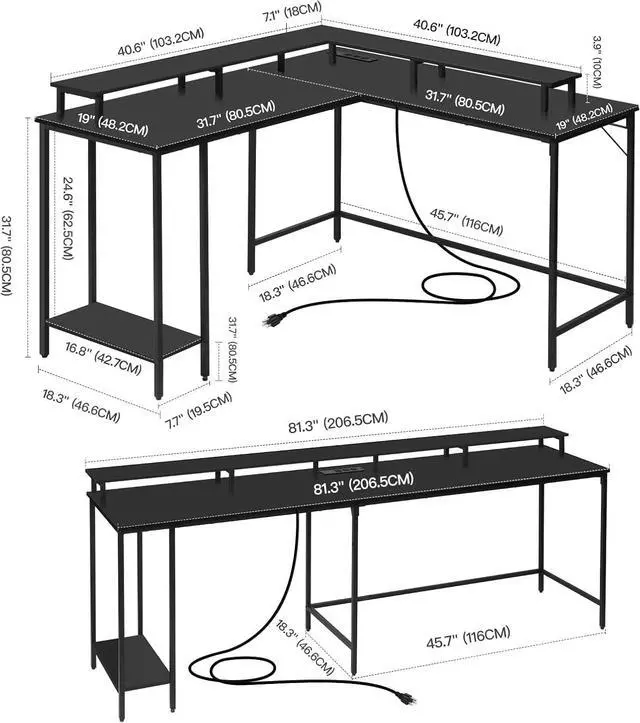 Alt view image 3 of 7 - Panana 53.5" L Shaped Computer Desk Gaming Desk with LED Lights and Power Outlets, Reversible L Shaped Corner Desk with Monitor Stand, Home Office Desk with Shelf and USB Port (Black)